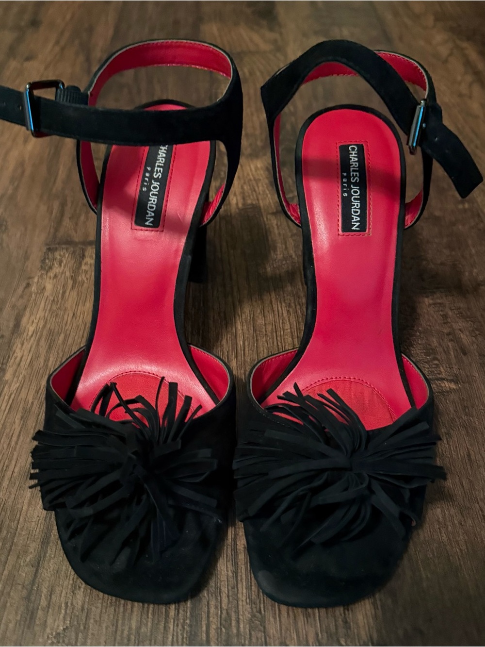 Charles Jourdan Black Suede Heels with Red Insole and Tassel Accent